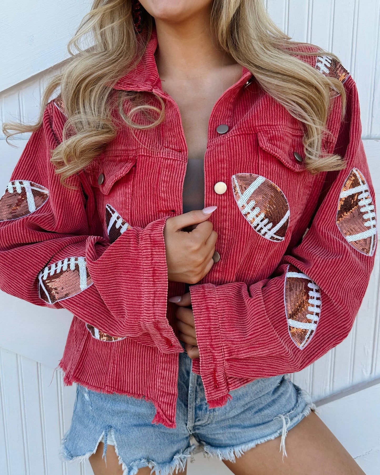 Red Corduroy Sequin Football Cropped Jacket: Medium
