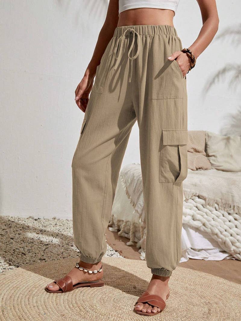 Wash Water Crepe Pocket Casual Cargo Pants: Green / XL