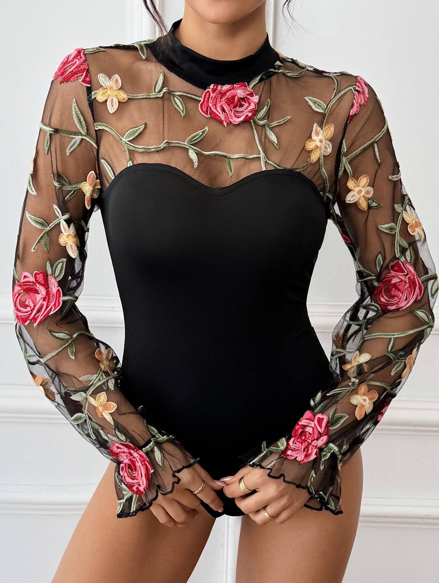 Lace-trimmed see-through high-neck bodysuit: Black / (S) 1