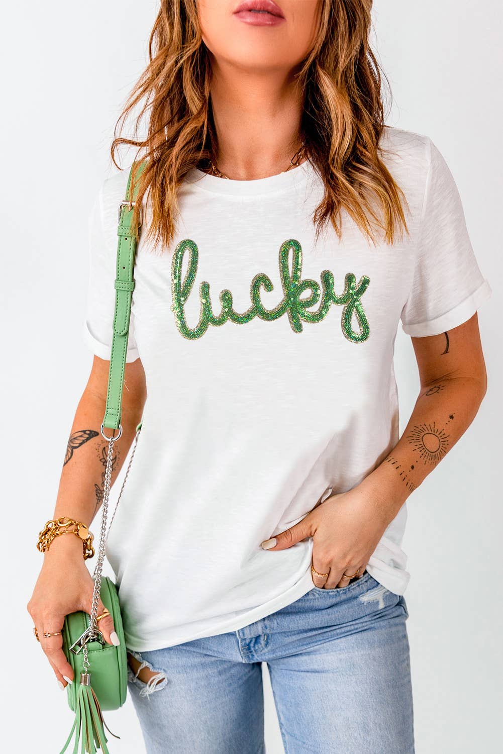 LDC Sequined Lucky St.Patricks Day Graphic Tee: White / XL