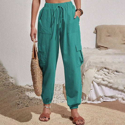 Wash Water Crepe Pocket Casual Cargo Pants: Green / S