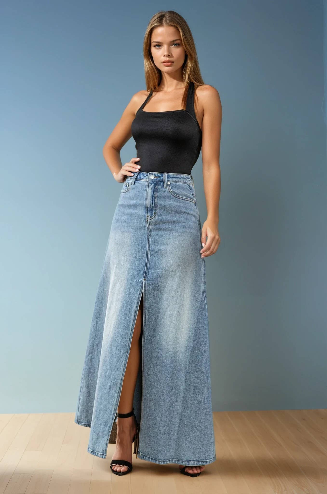 FLOOR LENGTH MAXI DENIM SKIRT WITH SPLIT 5316 : LT DENIM / M