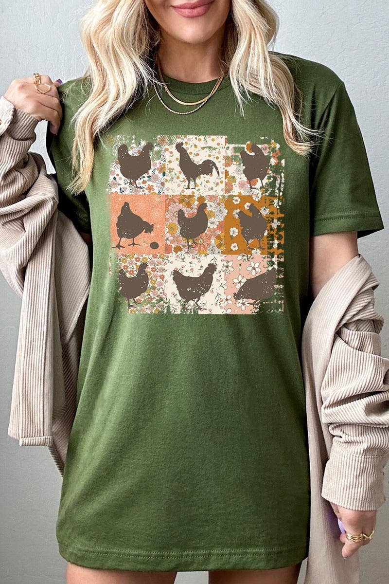 RETRO VINTAGE CHICKENS UNISEX SHORT SLEEVE,GRAPHIC: MAUVE / L