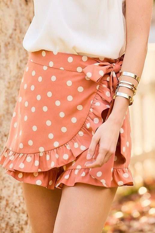Waist Side Tie Button Ruffle Polka Dot Skort: DUSTY ORANGE / M