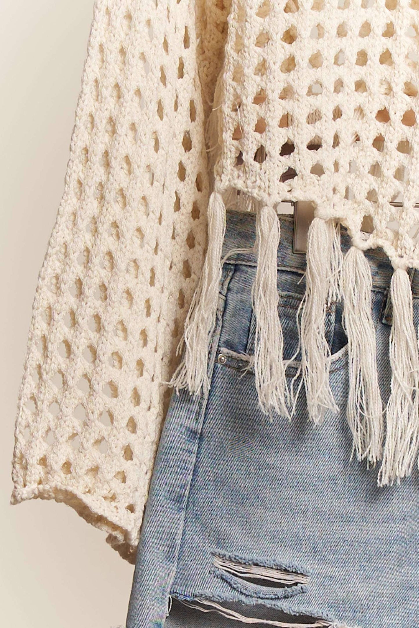 Boat Neck Fishnet Sweater with Fringe detail: Cream / M