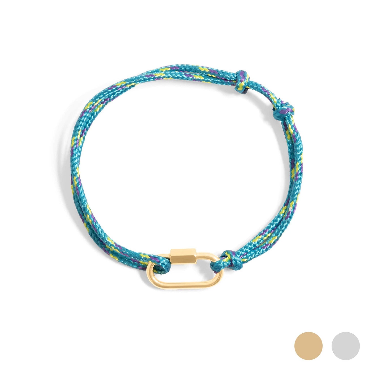 18K Gold PVD Stainless Steel Teal Rope Carabiner Bracelet: Gold