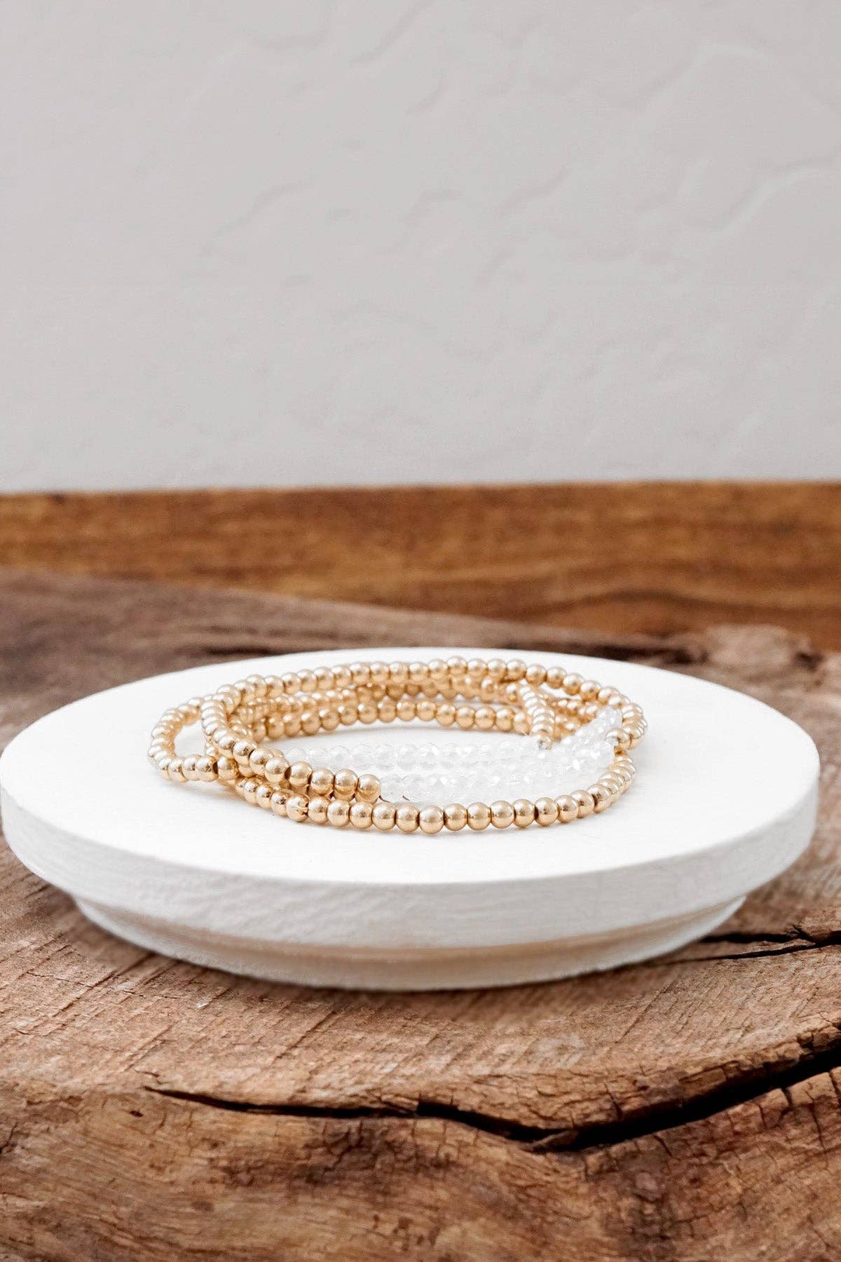 Bracelet stack Small Worn Gold Glass beads Pink Mint Denim: White