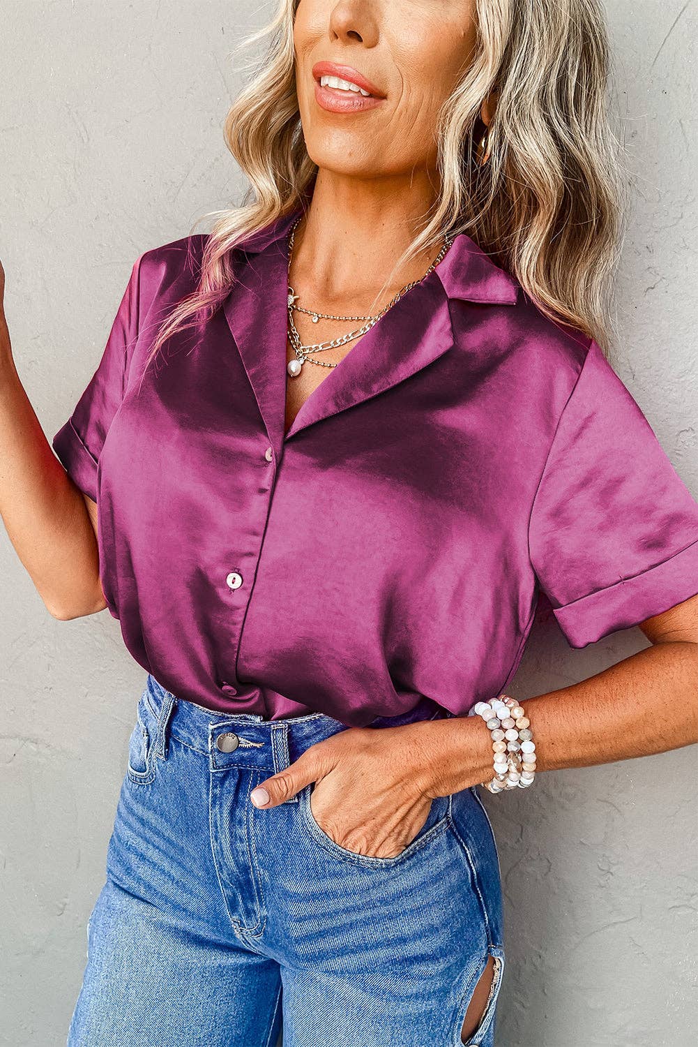 Satin Short Sleeve Buttoned Shirt: Rose Red / XL