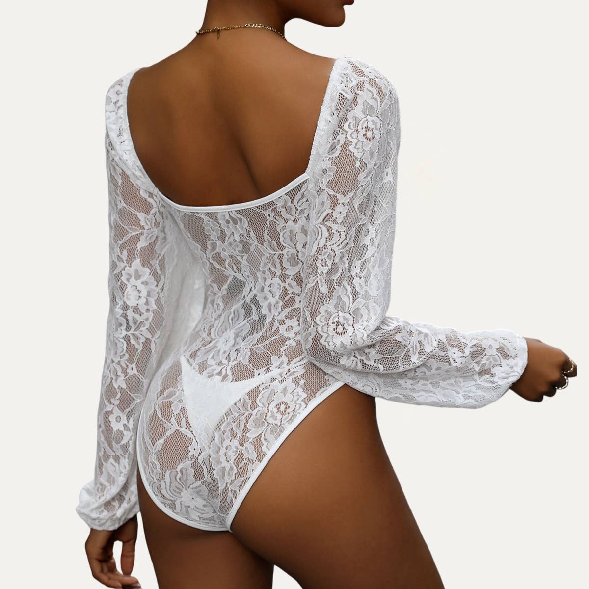 Flirty and Elegant Sheer Lace Long Sleeve Bodysuit: Black