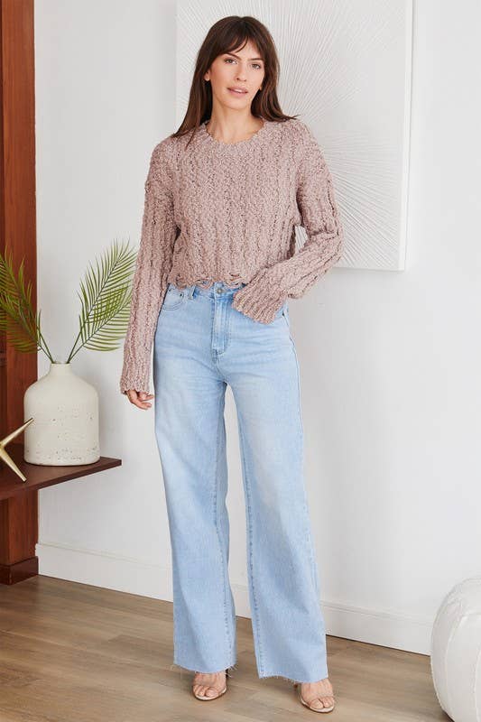 ROUGH EDGE CUT HIGH-WAIST WIDE DENIM PANT(F335-DENIM): S
