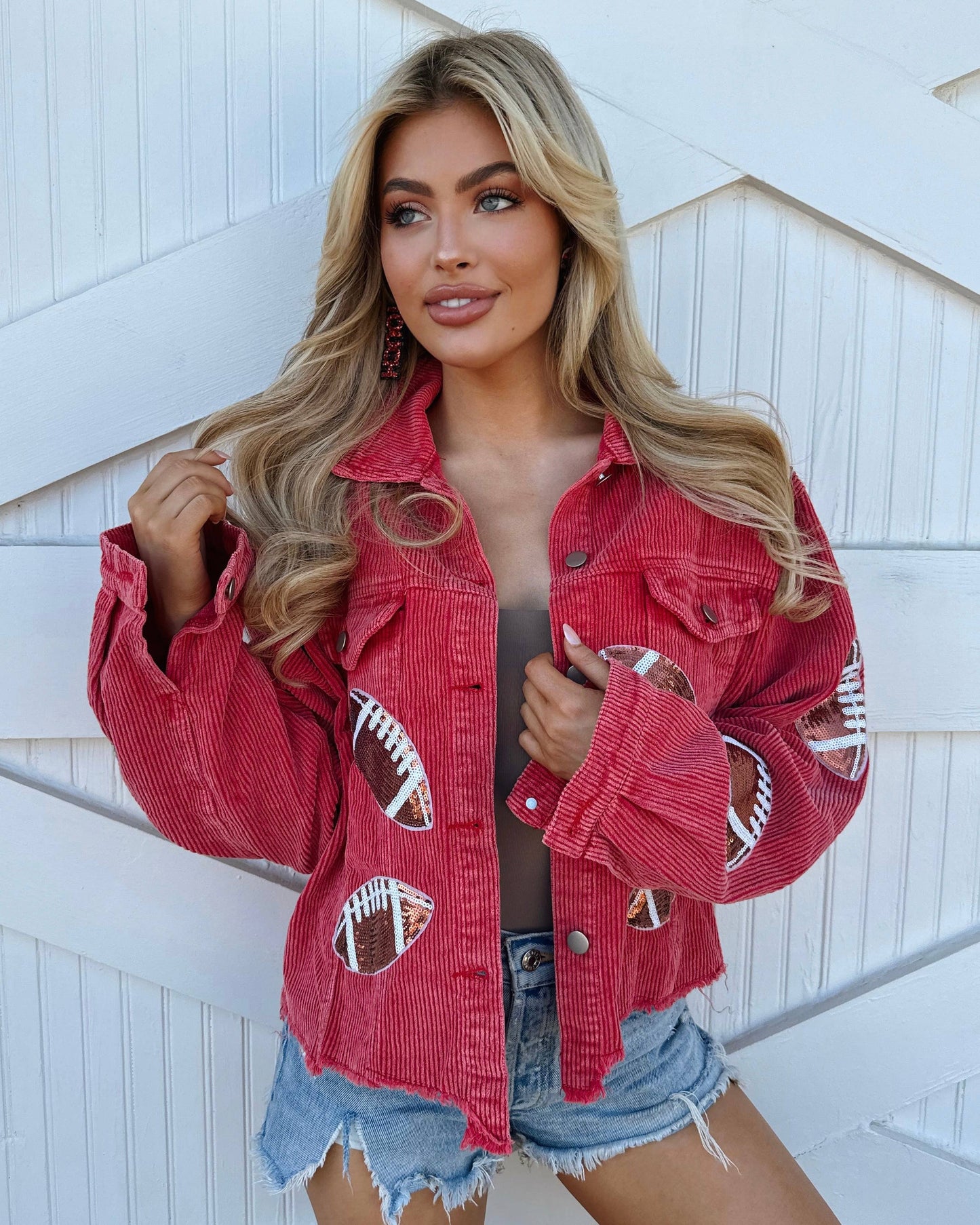 Red Corduroy Sequin Football Cropped Jacket: Small