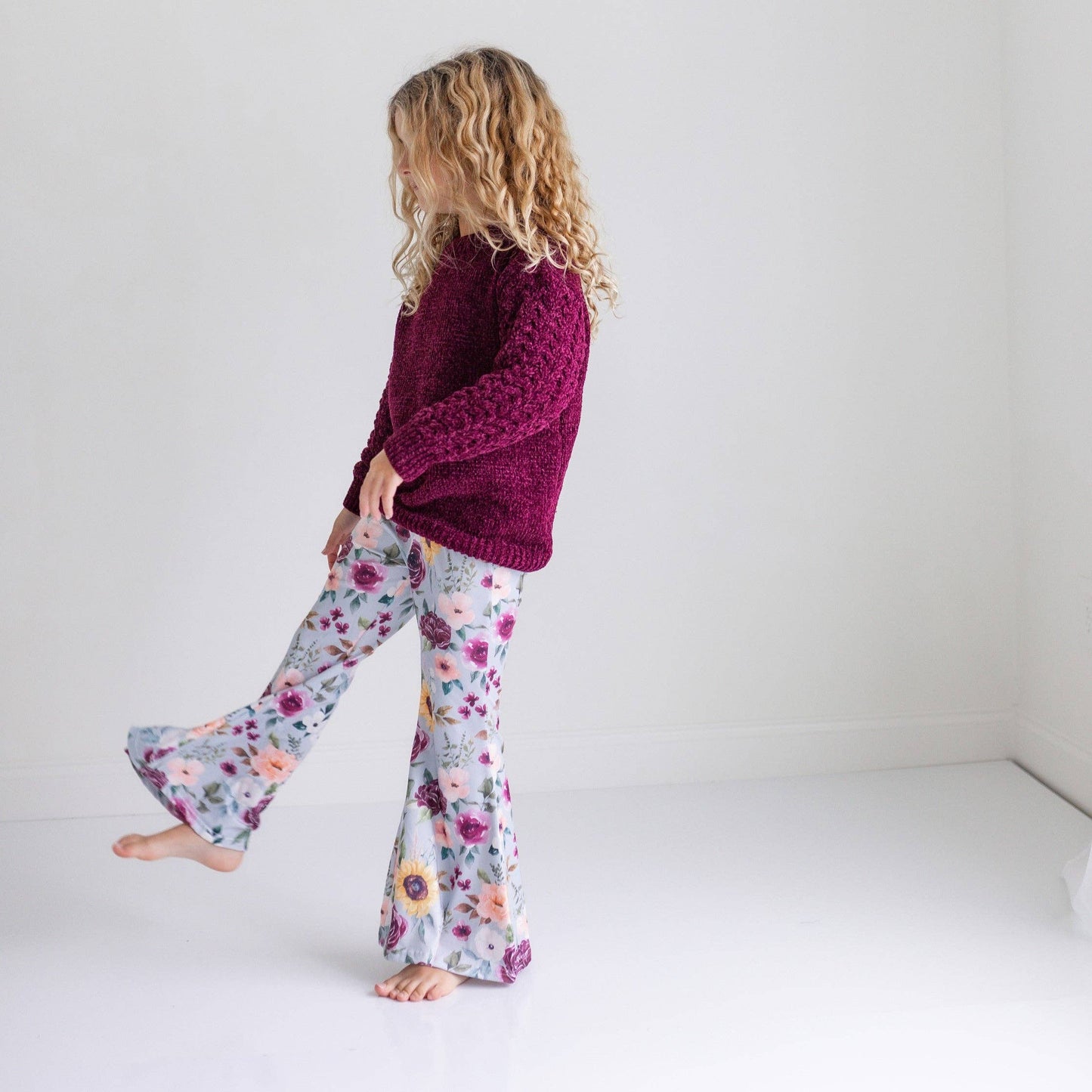 Kids Long Sleeve Plum Sweater & Sage Floral Bell Bottom Set: 7/8