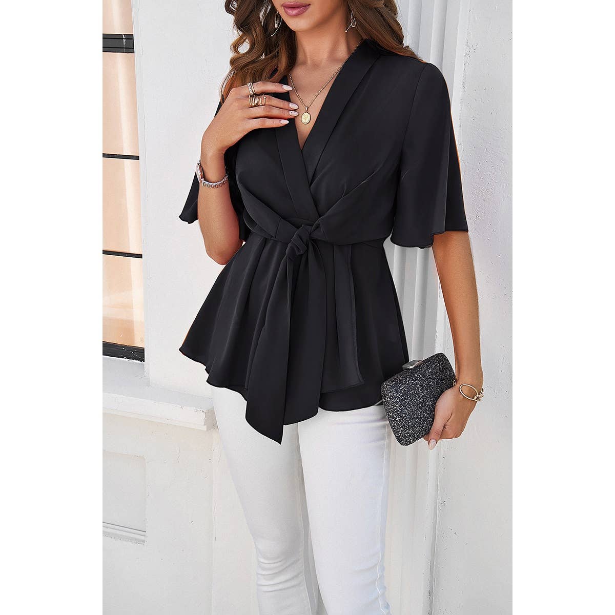 Wide Sleeve Deep V Knot Cross Ruffle Fit Blouse: WHITE / L