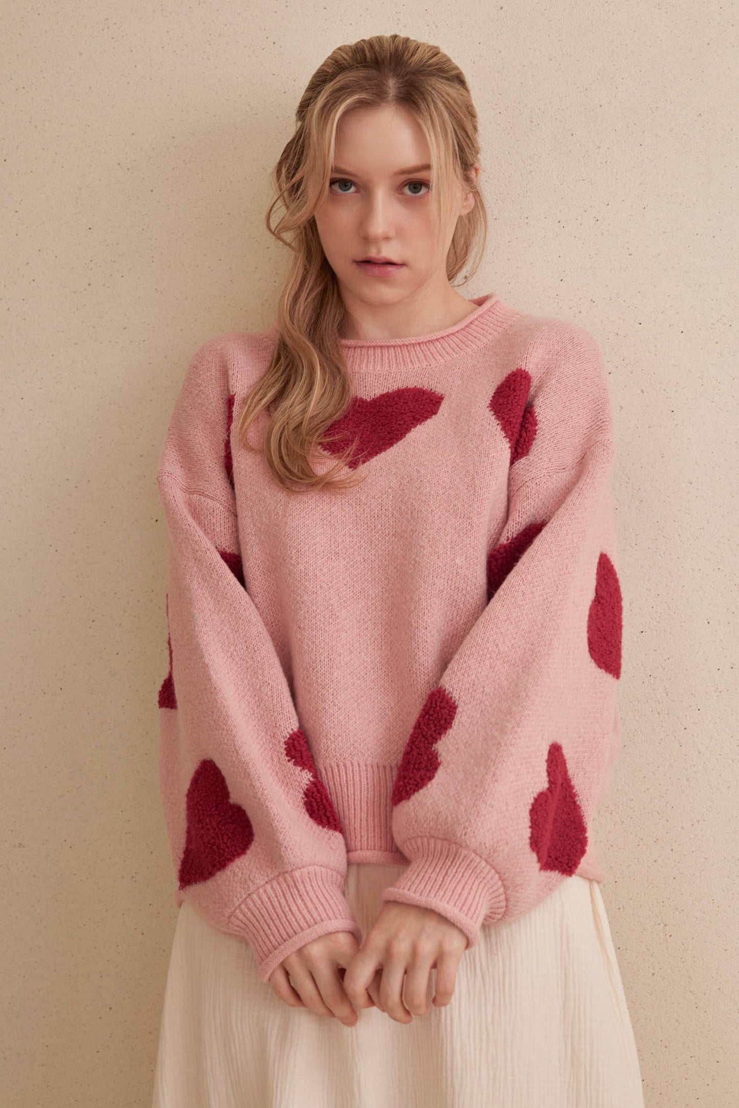 Heart Patched Loose Fit Sweater: Pink / L