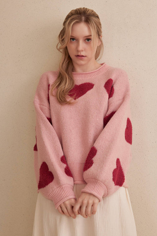Heart Patched Loose Fit Sweater: Pink / M