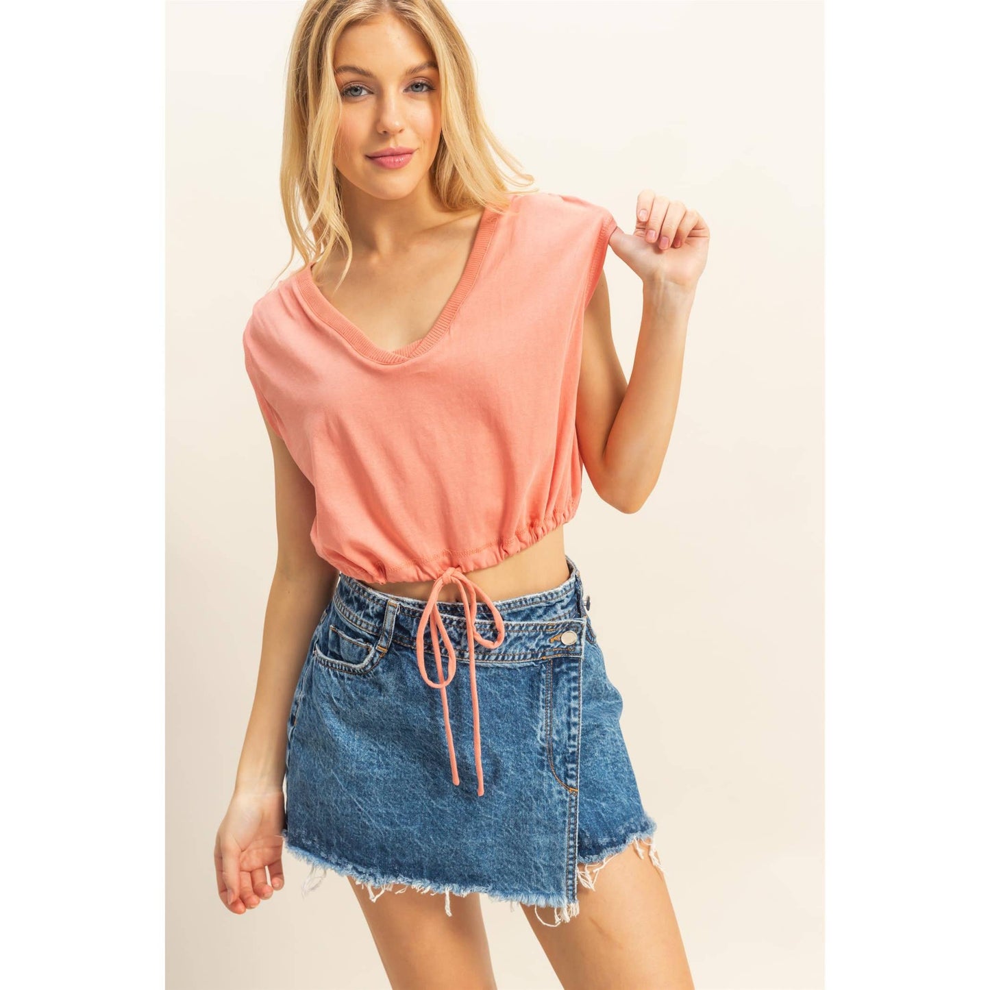 HF25C879-Cap Sleeve Drawstring Waist Knit Top: PINK / S-M-L(2-2-2)