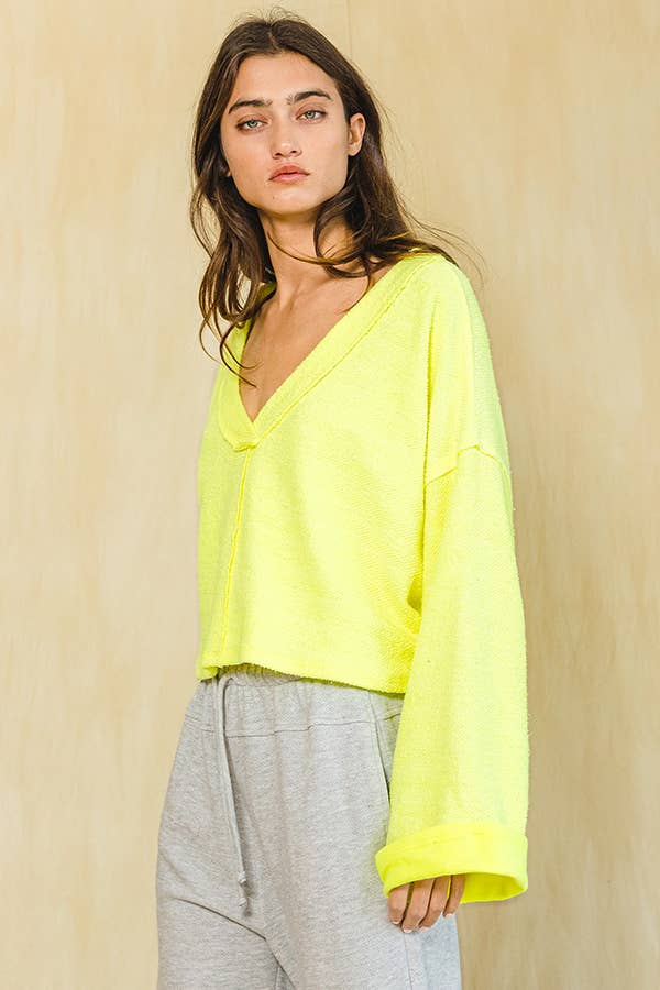 T2240 Cutout Back Adjustable Tie Pullover Crop Top: NEON YELLOW / S-M-L (2-2-2)