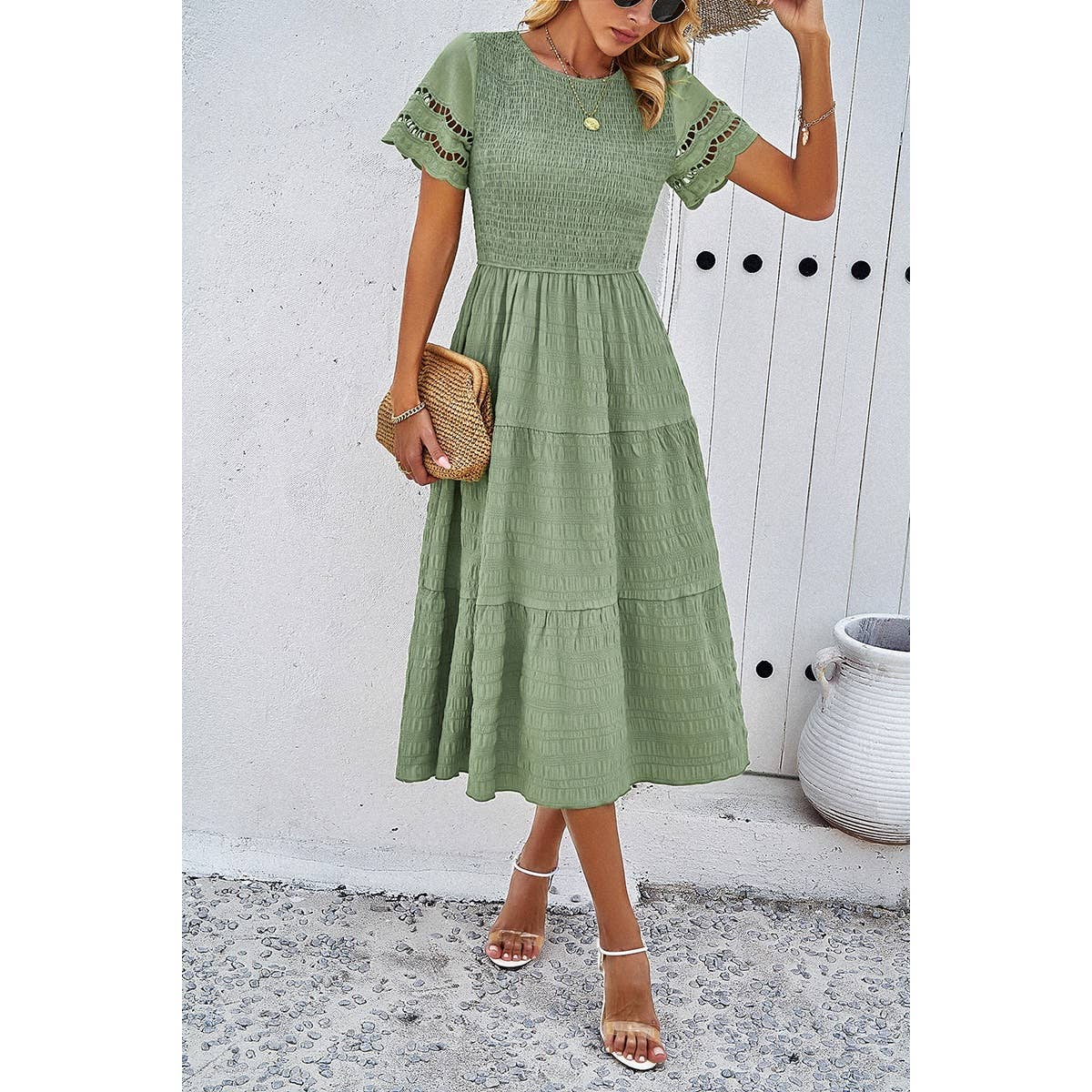 Lace Round Neck Ruched Fit Ruffle Solid Dress: WHITE / S