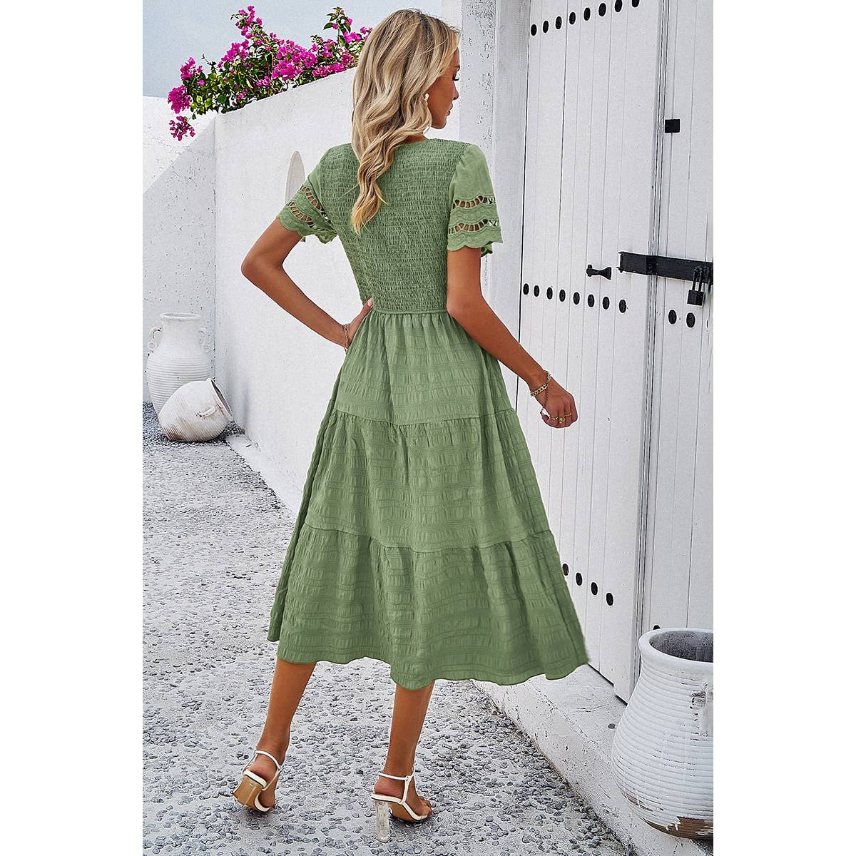 Lace Round Neck Ruched Fit Ruffle Solid Dress: WHITE / XL
