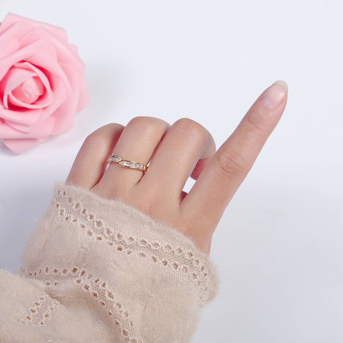 Minimalist Baguette Round Geometric Adjustable Ring O2193