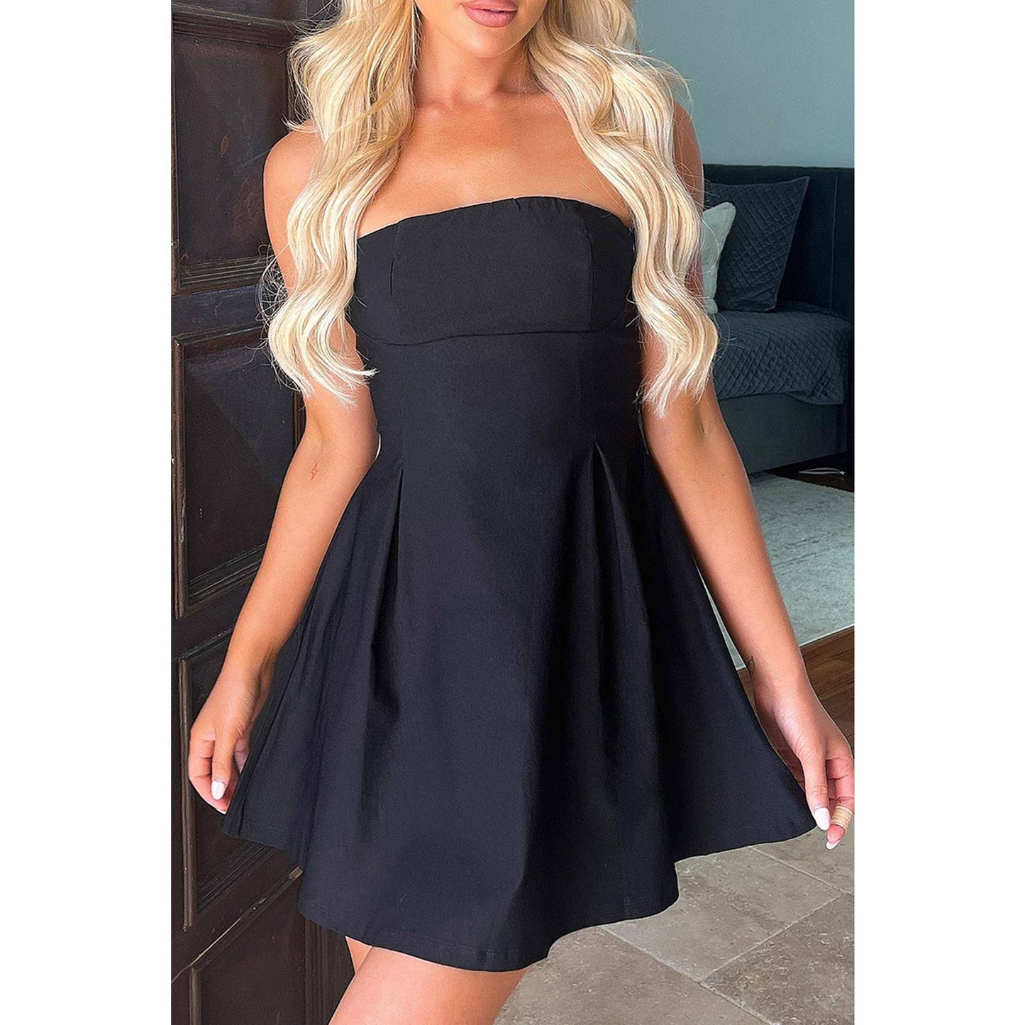 Off Shoulder Open Back Knot Pleated Mini Dress: WHITE / XL