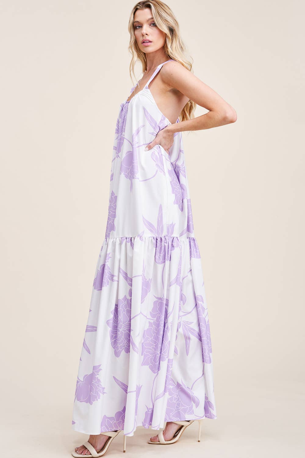 FLORAL PRINTED MAXI DRESS WITH POCKETS: Blue