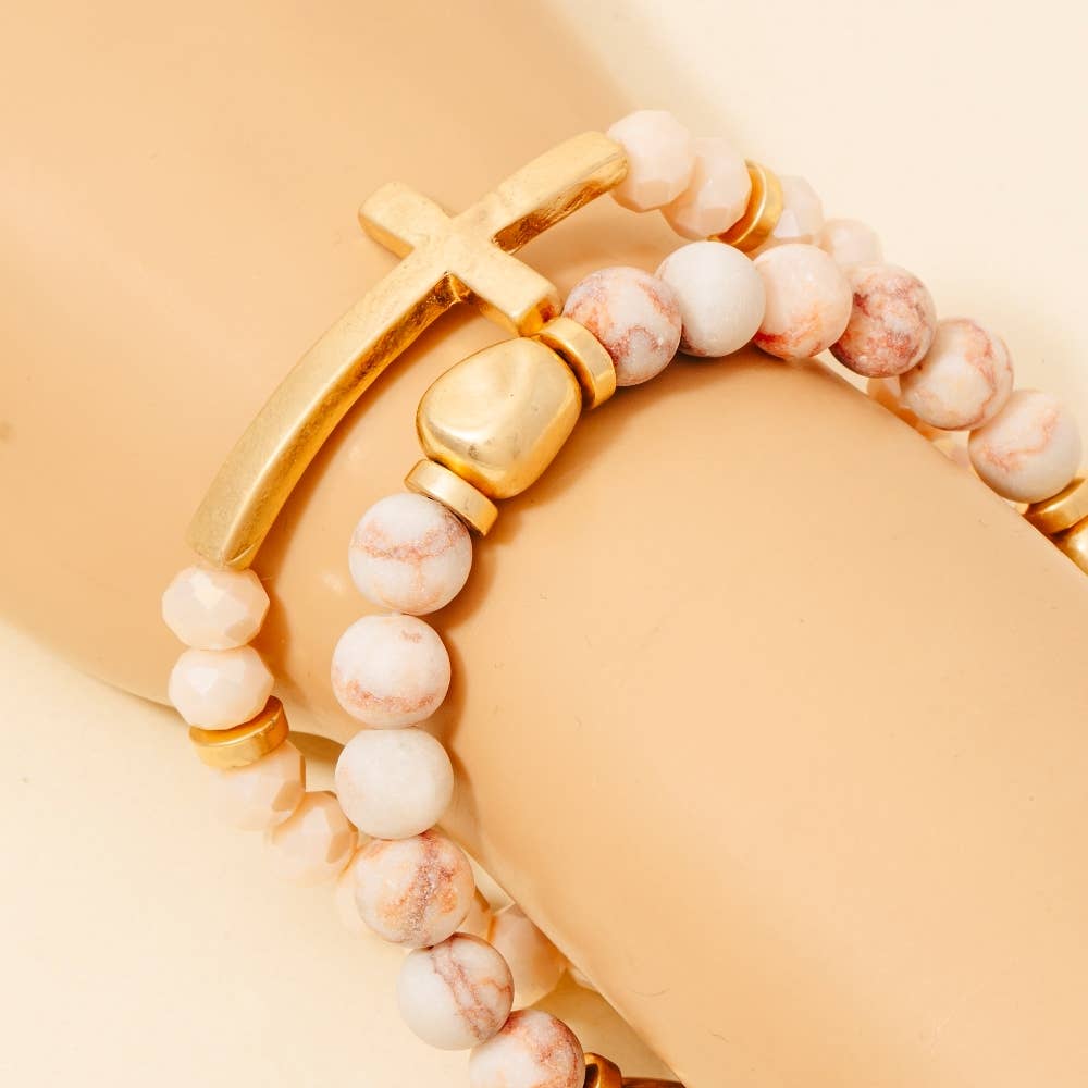 Cross Charm Stone Beaded Bracelet Set: LCTWG