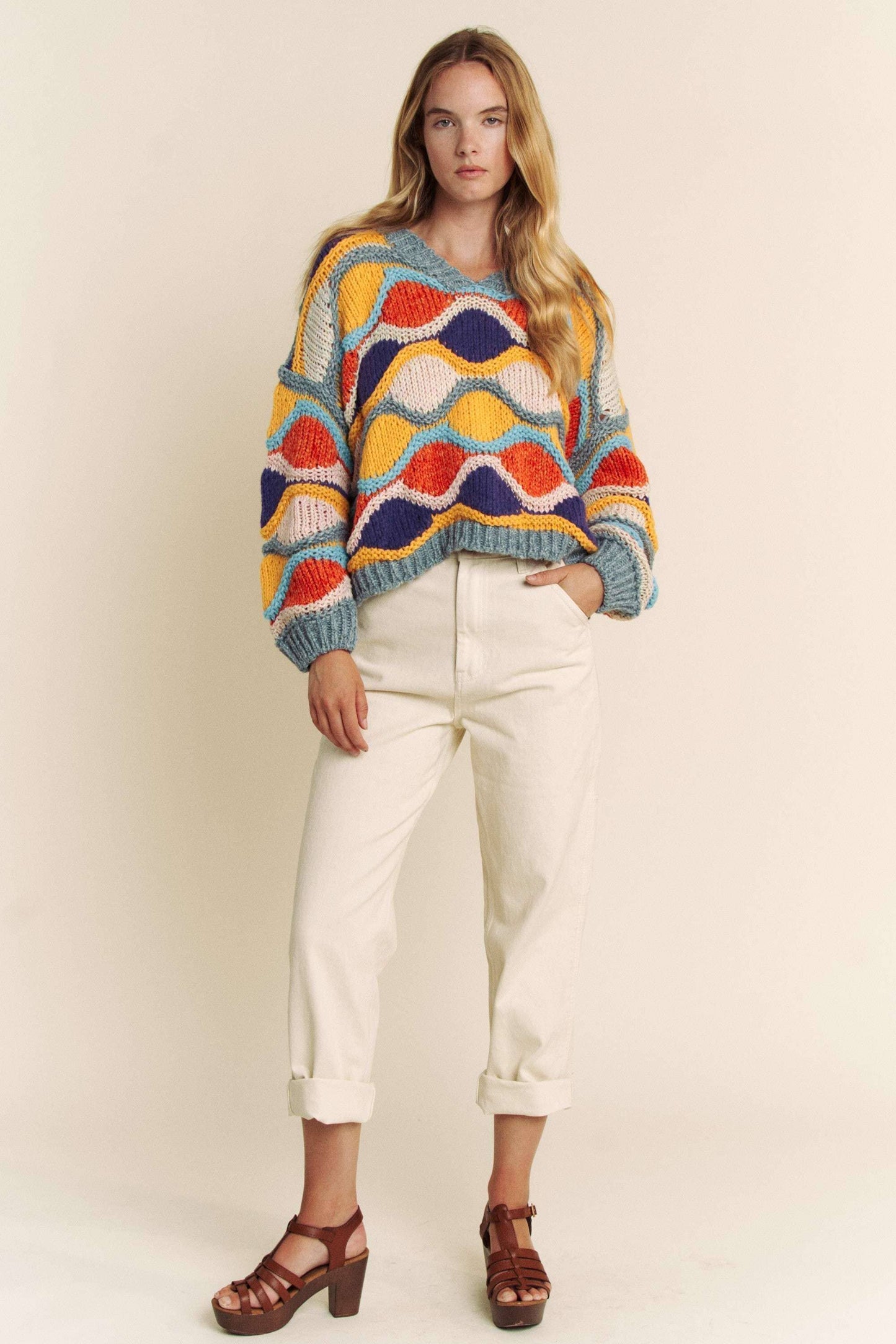 V NECK LONG SLEEVE MULTI COLOR SWEATER TOP: MULTI / S