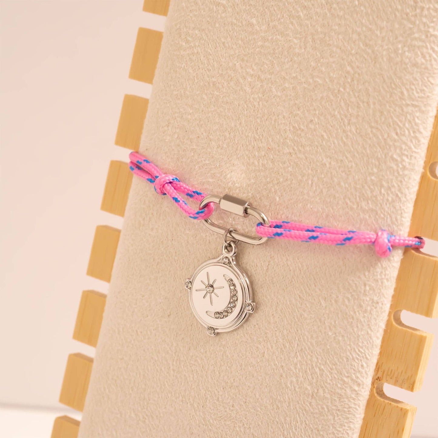 18KGold PVD Stainless Steel Hot Pink Rope Carabiner Bracelet: Gold