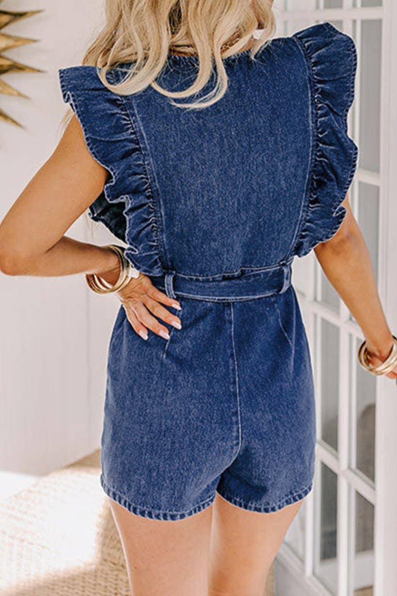 Denim Ruffle Belted Zip-Up Romper: Sail Blue / XL