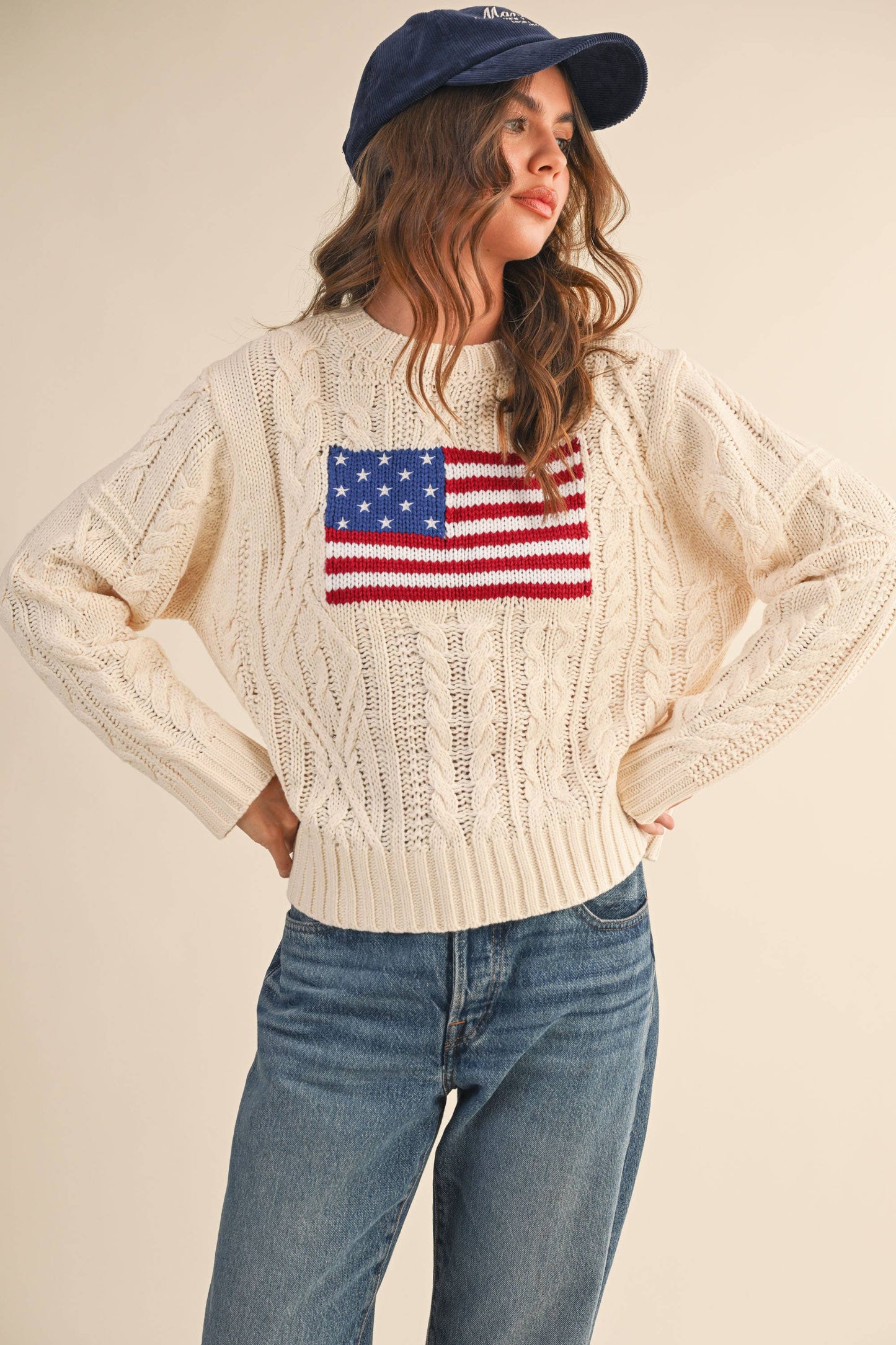 IT4473 USA FLAG CABLE KNIT SWEATER: CREAM / L