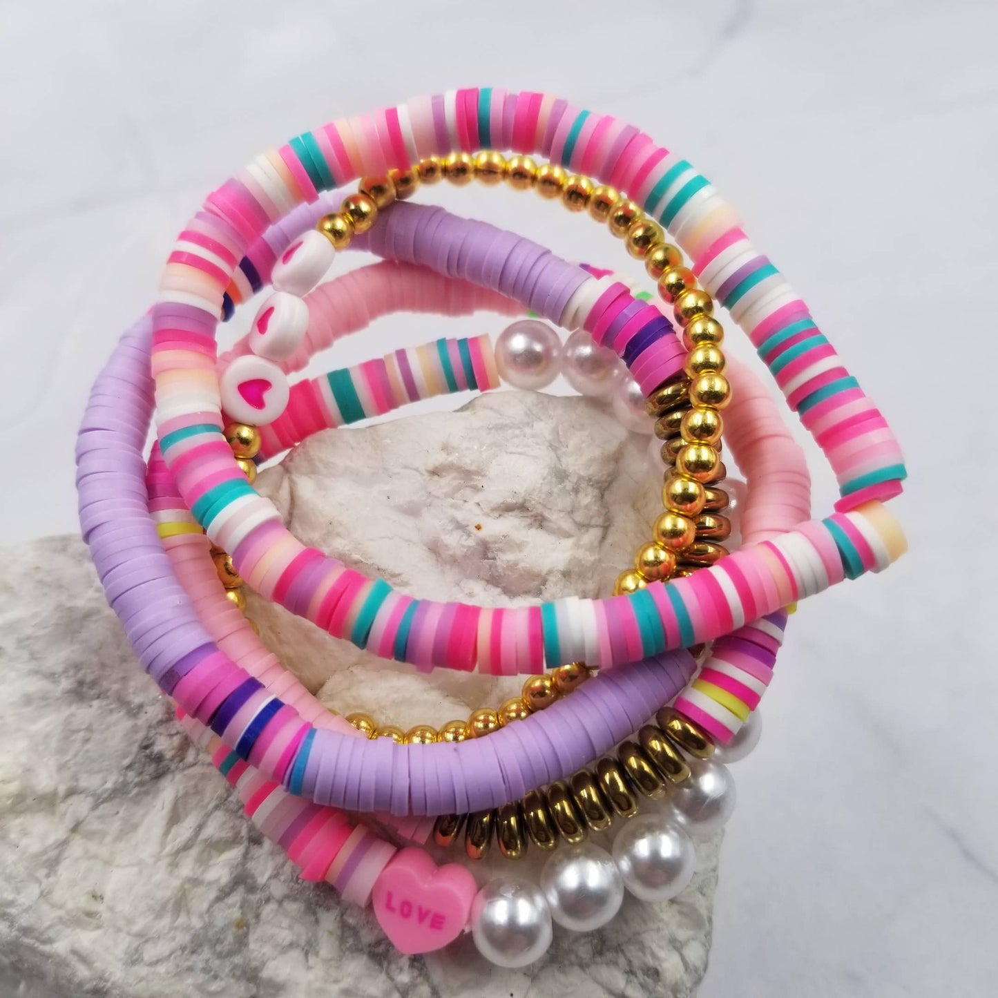 Valentines LOVE Heart Heishi Bracelets - Set Of 5