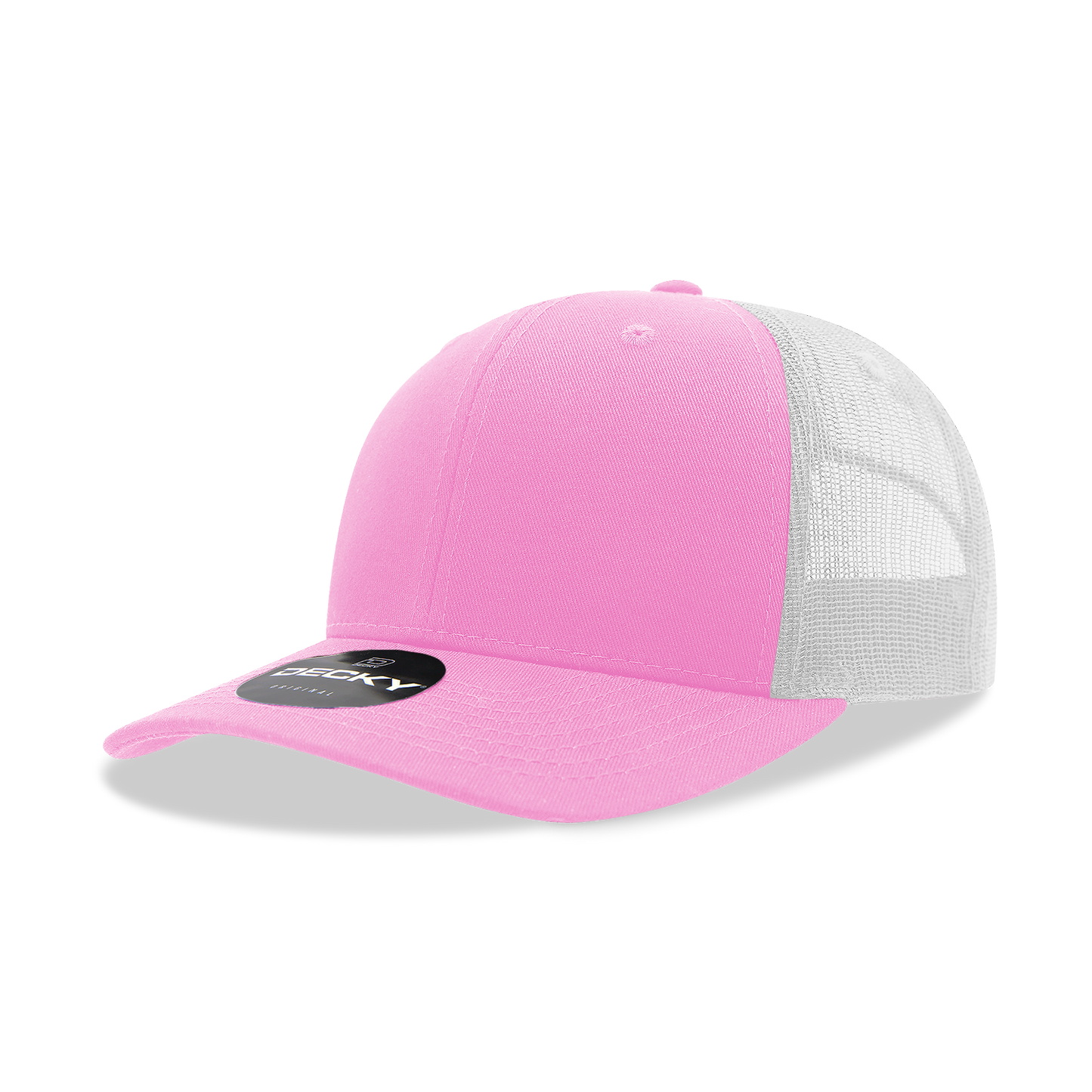 Decky 6021 Classic Trucker Hat, Mid Pro Trucker, 6 Panel Cap: Pink/White