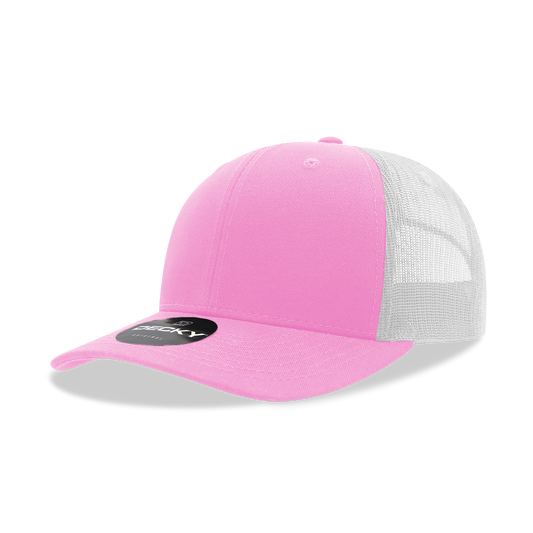 Decky 6021 Classic Trucker Hat, Mid Pro Trucker, 6 Panel Cap: Pink/White
