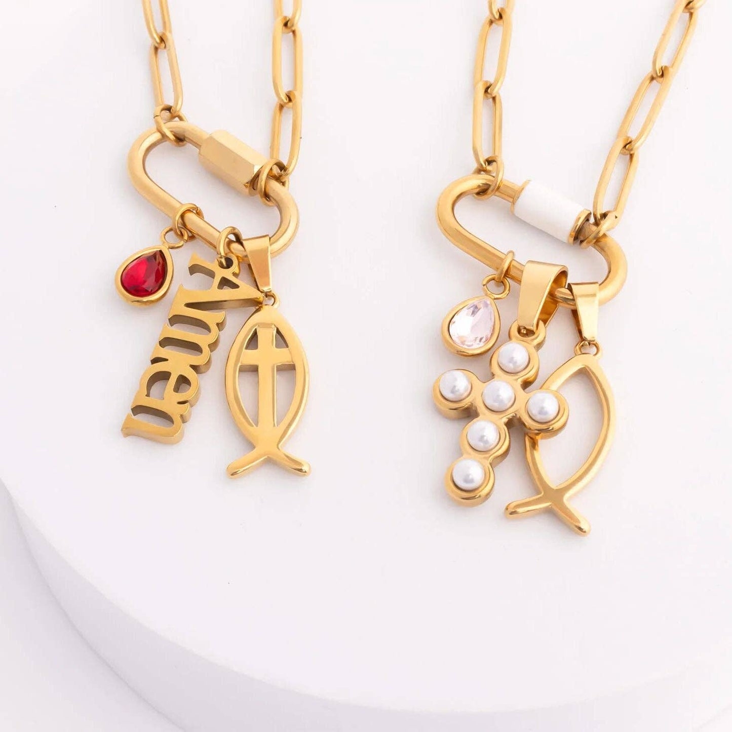 18K Gold PVD Stainless Steel Pearl Cross Charm: Gold