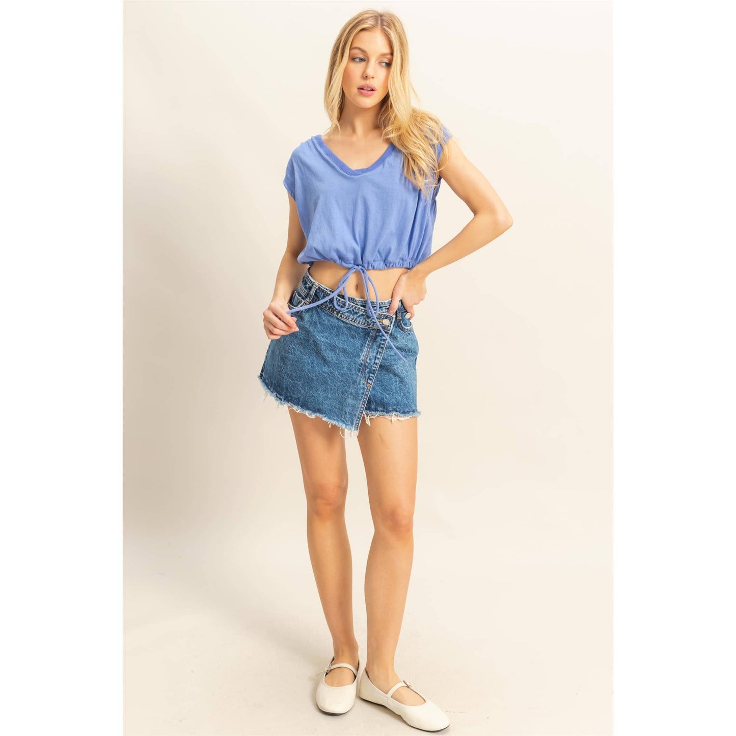 HF25C879-Cap Sleeve Drawstring Waist Knit Top: PINK / S-M-L(2-2-2)