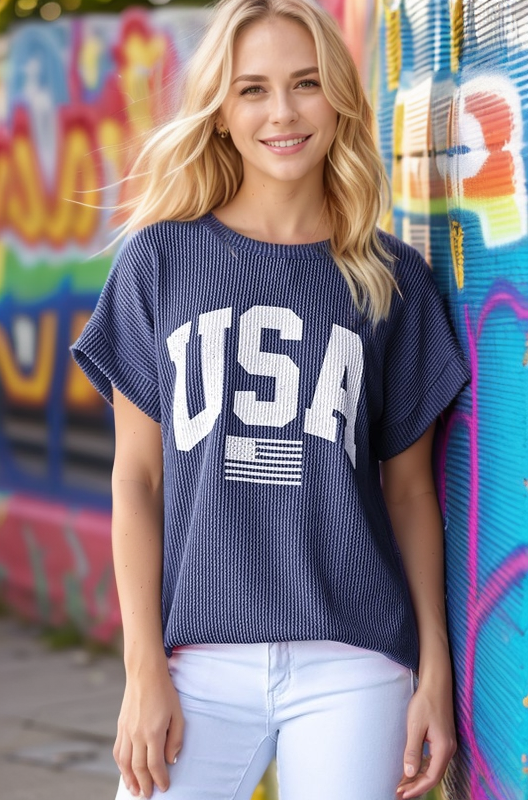 ET7523-11 SOLID RIBBED USA LETTERING TOP: NAVY / 2-2-2 (S-M-L)