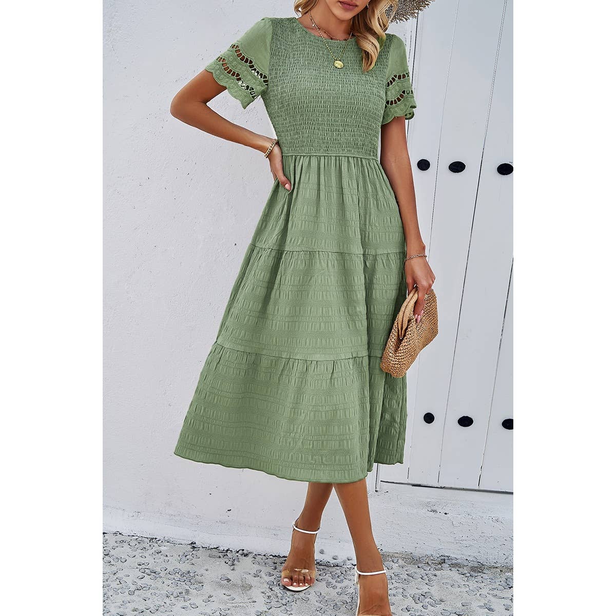 Lace Round Neck Ruched Fit Ruffle Solid Dress: WHITE / XL