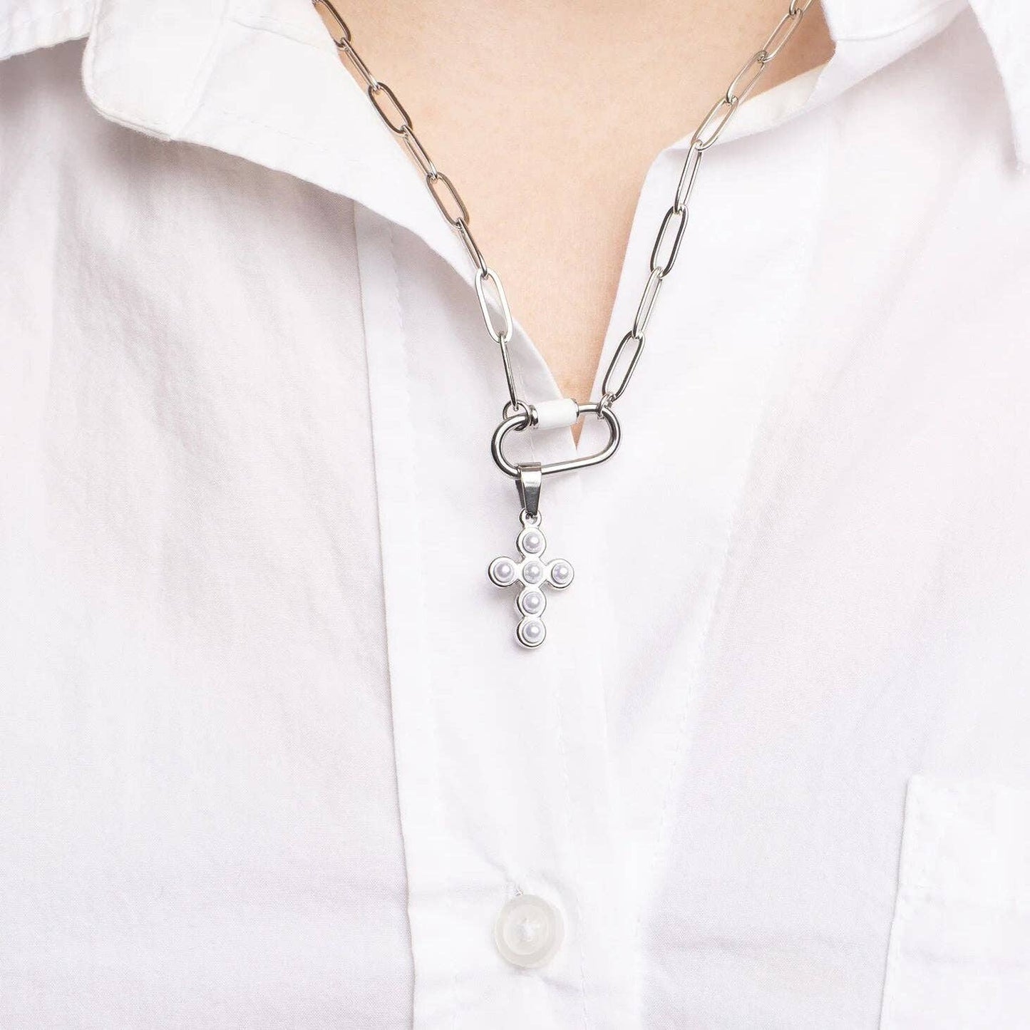 18K Gold PVD Stainless Steel Pearl Cross Charm: Gold