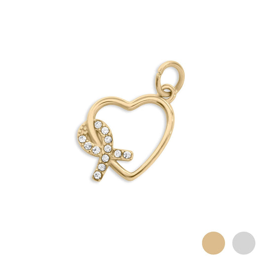 18K Gold PVD Stainless Steel Heart Ribbon with Stones Charm: Gold