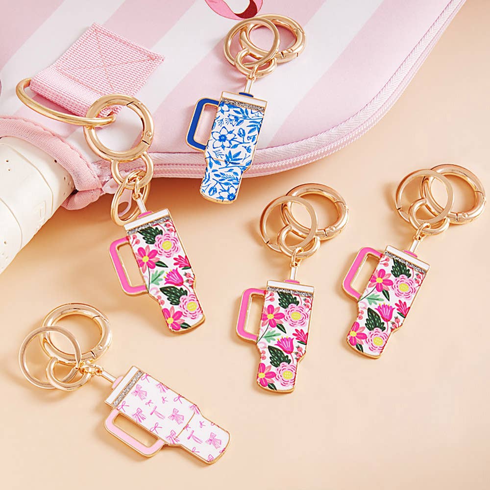 Enamel Floral Tumbler Back Engraved Keychain Bag Charm: Blue