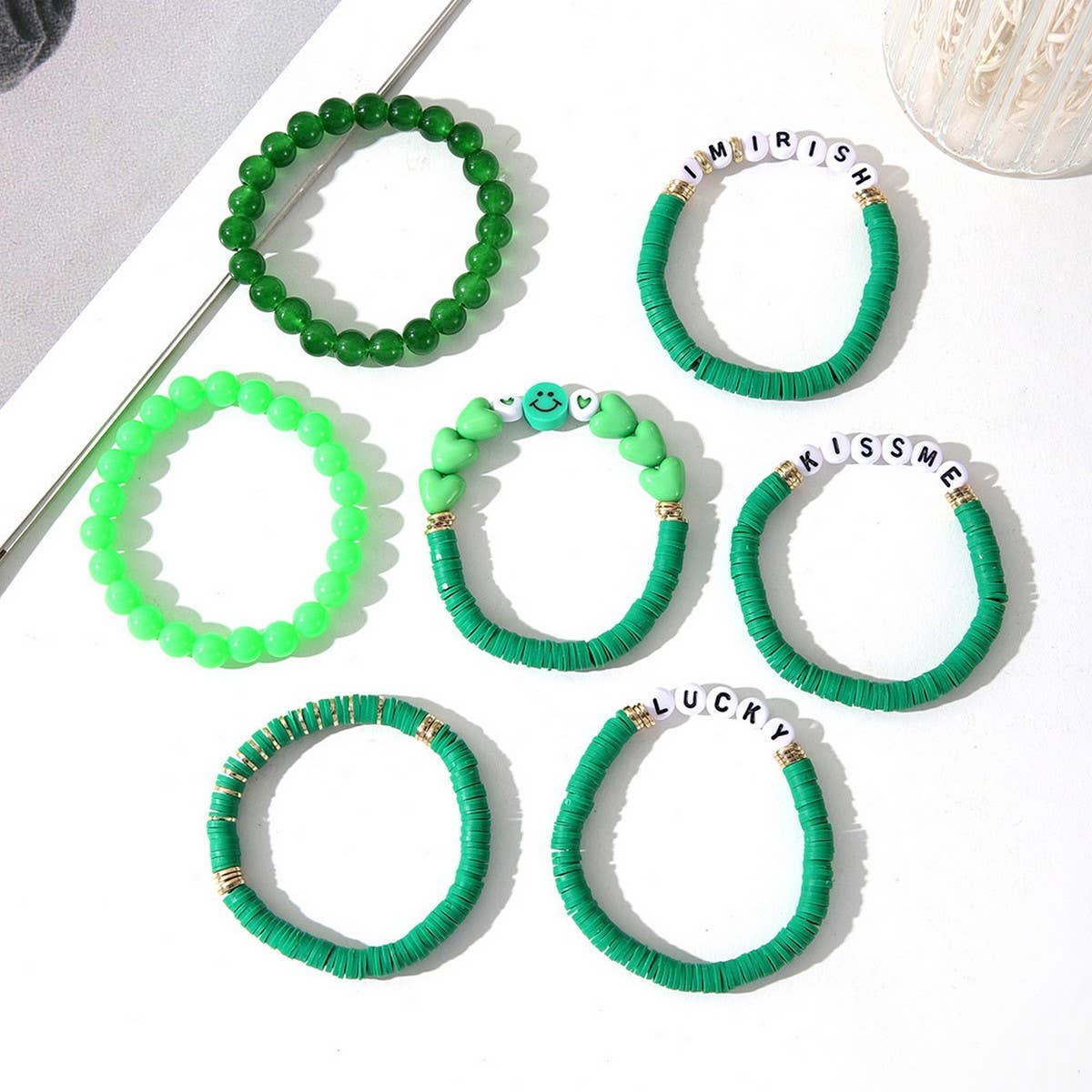ST PATRICKS DAY GREEN SMILEY FACE BRACELET SET_CWMM3501: Green / OS