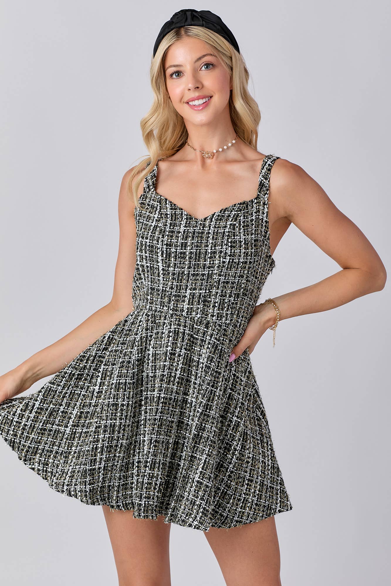 Tweed Fabric With Lurex Skort Style Romper: BLACK / S