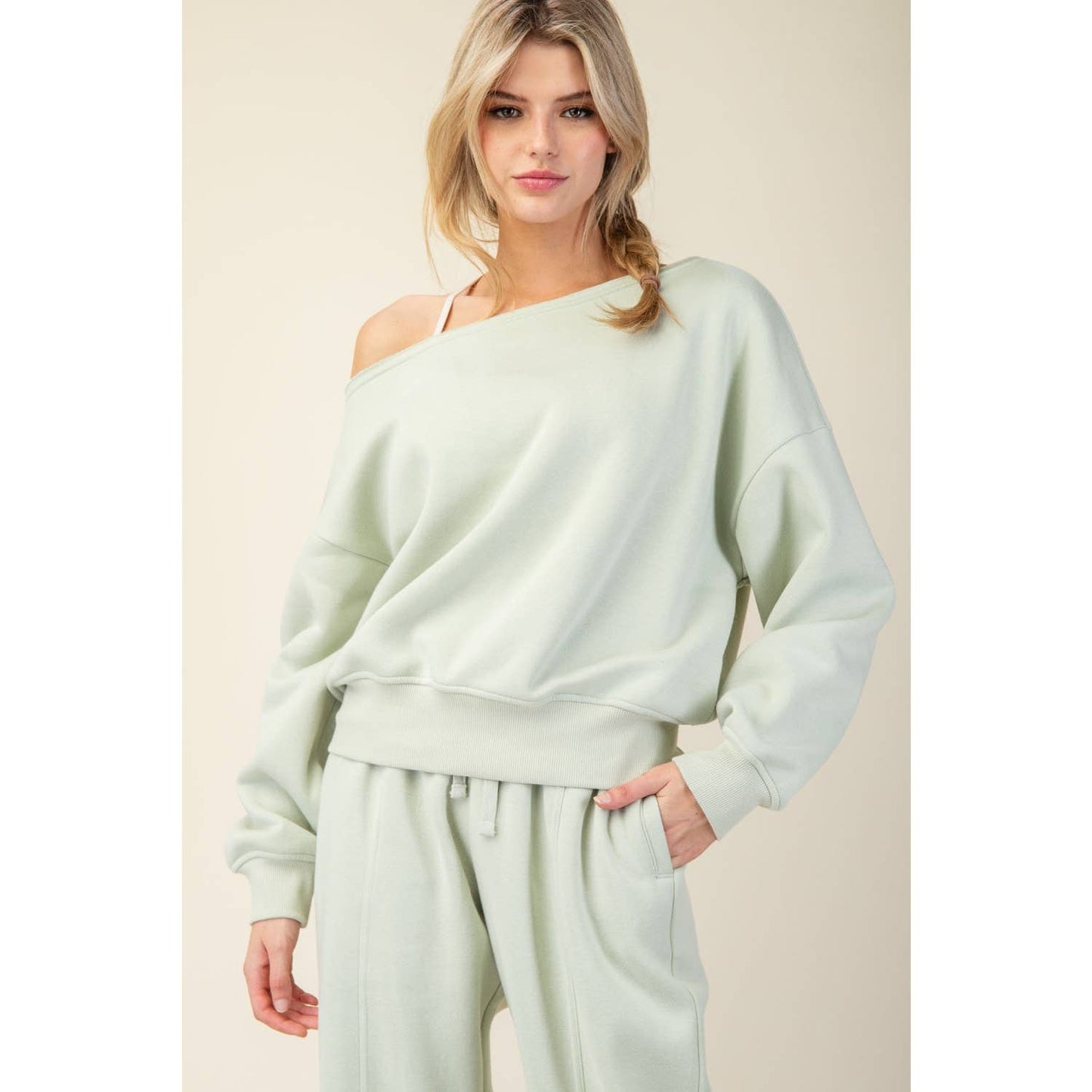 FRENCH TERRY FLEECE OFF SHOULDER SWEATSHIRT: Eucalyptus / S-M-L(2-2-2)