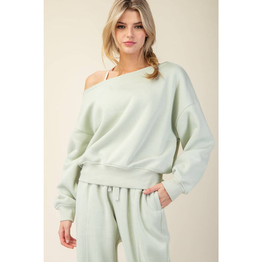 FRENCH TERRY FLEECE OFF SHOULDER SWEATSHIRT: Eucalyptus / S-M-L(2-2-2)