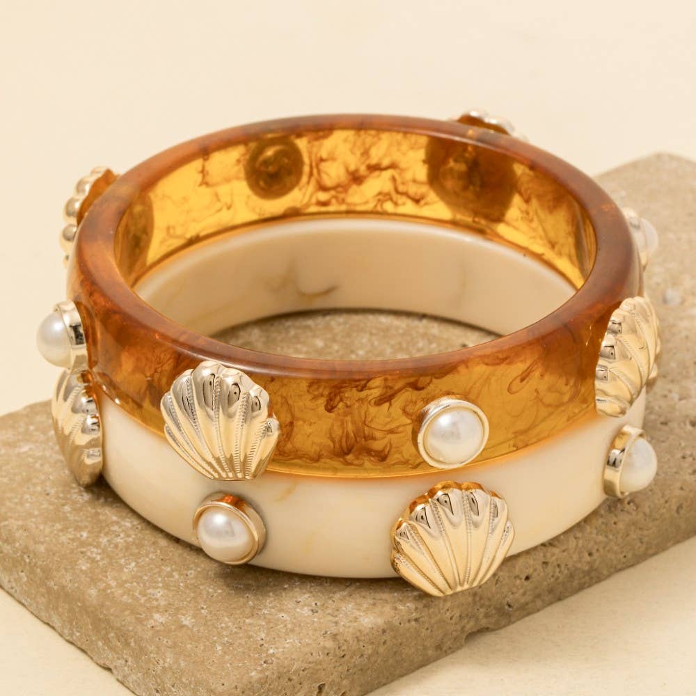 Pearl And Shell Stud Marble Resin Bangle Bracelet Set: MULTI