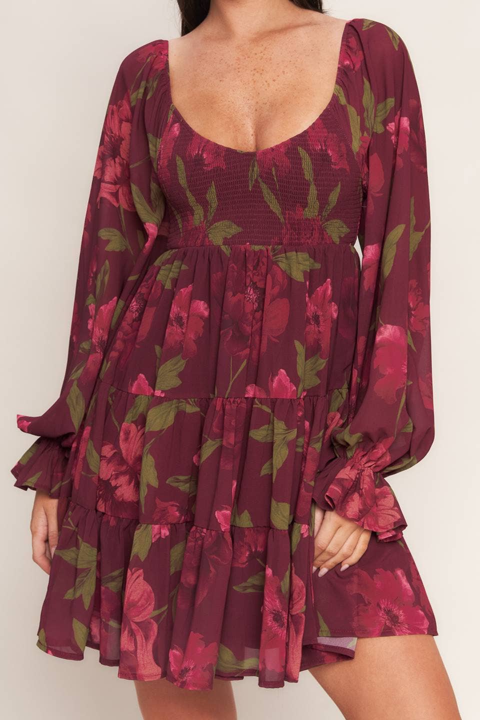 A printed woven mini dress - ID23196: Burgundy / Contemporary / S
