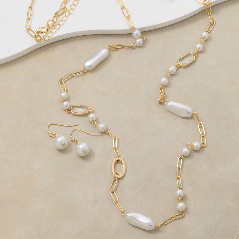 Long Pearl Station Chain Necklace Set: GD