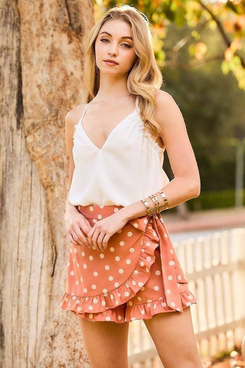 Waist Side Tie Button Ruffle Polka Dot Skort: DUSTY ORANGE / S