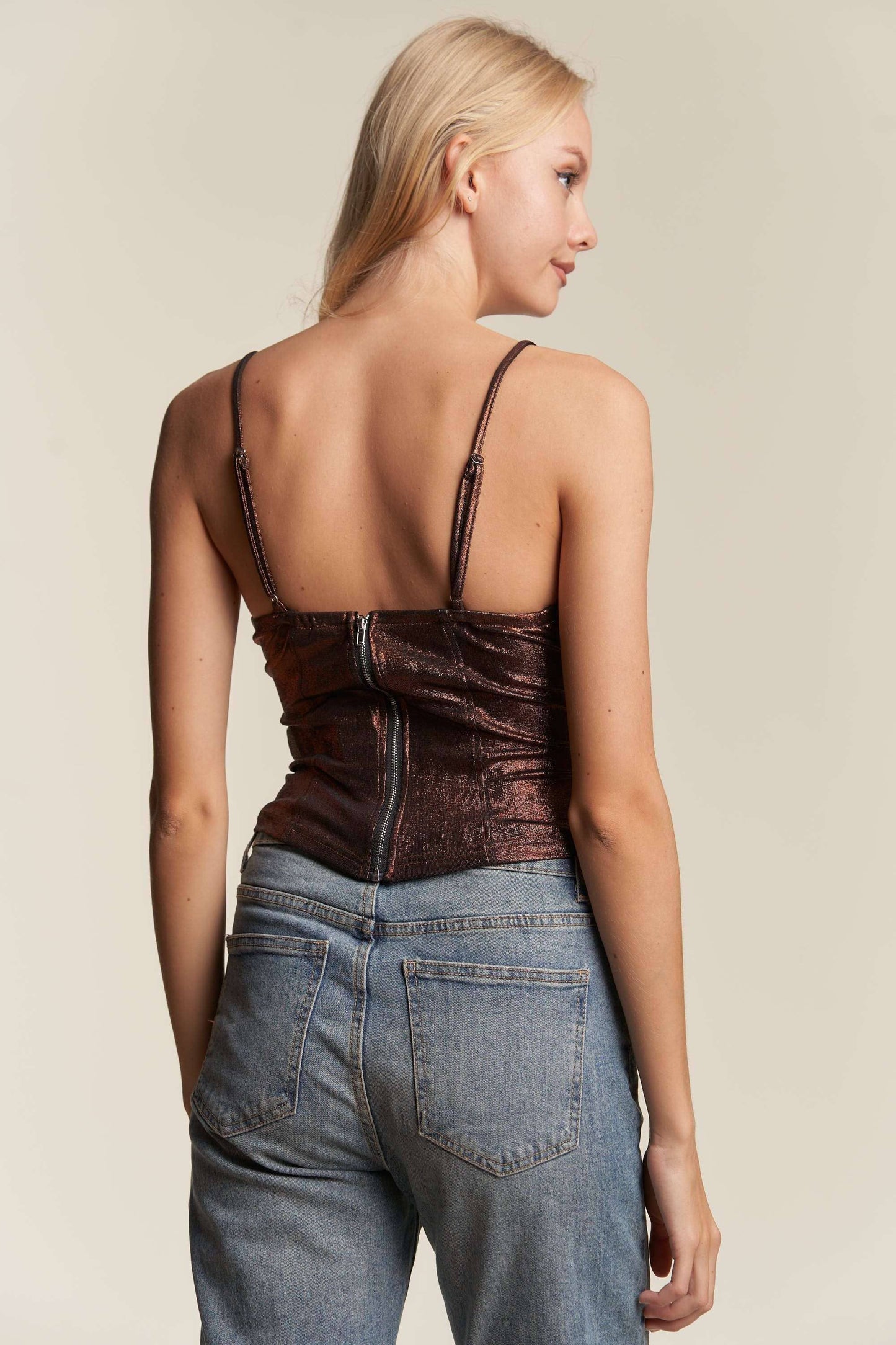 FOILED CAMI CORSET TOP WITH SPAGHETTI STRAP: COPPER / M